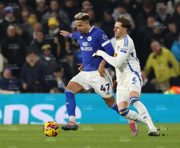 010225 - Leeds United v Cardiff City - Sky Bet Championship - Callum Robinson of Cardiff and Joe Rodon of Leeds United tussle for the ball