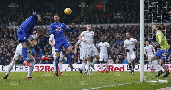 030218 - Leeds United v Cardiff City - Sky Bet Championship -  Callum Paterson of Cardiff heads the ball into the net for the 1st goal of the match