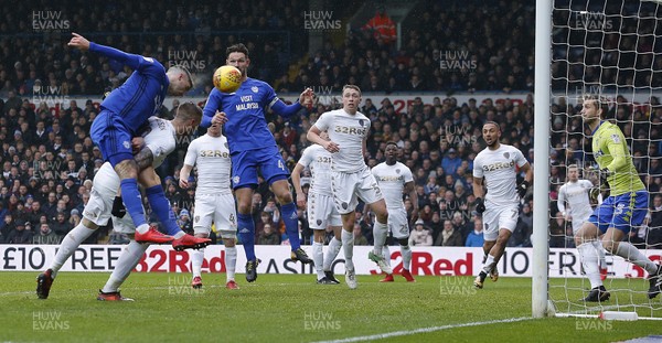 030218 - Leeds United v Cardiff City - Sky Bet Championship -  Callum Paterson of Cardiff heads the ball into the net for the 1st goal of the match