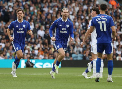 060823 - Leeds United v Cardiff City - Sky Bet Championship - Josh Bowler of Cardiff celebrates scoring the 1st goal of the match