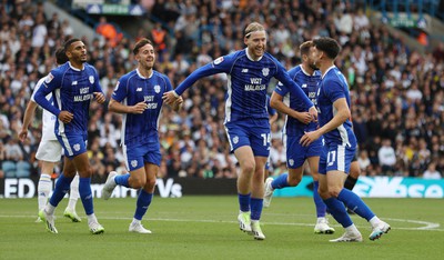 060823 - Leeds United v Cardiff City - Sky Bet Championship - Josh Bowler of Cardiff celebrates scoring the 1st goal of the match with Callum O'Dowda of Cardiff