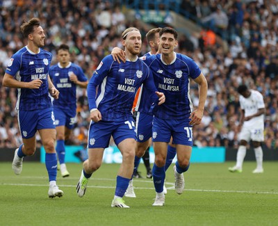 060823 - Leeds United v Cardiff City - Sky Bet Championship - Josh Bowler of Cardiff celebrates scoring the 1st goal of the match with Callum O'Dowda of Cardiff and Ryan Wintle of Cardiff