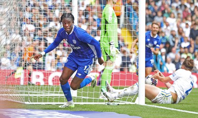 060823 - Leeds United v Cardiff City - Sky Bet Championship - Ike Ugbo of Cardiff pops the ball into the net to score the 2nd Cardiff goal