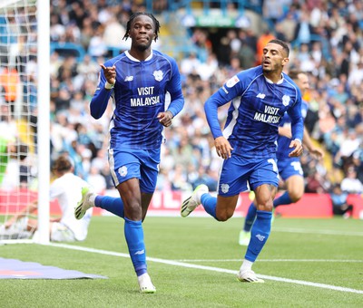 060823 - Leeds United v Cardiff City - Sky Bet Championship - Ike Ugbo of Cardiff celebrates scoring their second goal with Karlan Grant 