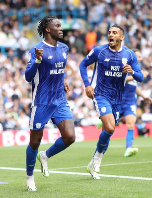 060823 - Leeds United v Cardiff City - Sky Bet Championship - Ike Ugbo of Cardiff celebrates scoring their second goal with Karlan Grant 