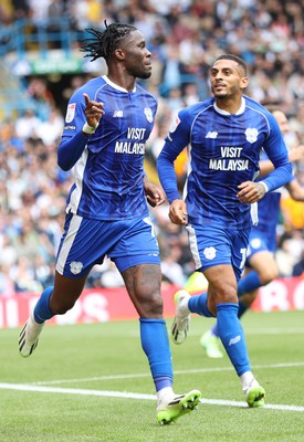 060823 - Leeds United v Cardiff City - Sky Bet Championship - Ike Ugbo of Cardiff celebrates scoring their second goal with Karlan Grant 