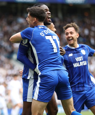 060823 - Leeds United v Cardiff City - Sky Bet Championship - Ike Ugbo of Cardiff celebrates scoring their second goal with Callum O'Dowda of Cardiff and Ryan Wintle of Cardiff