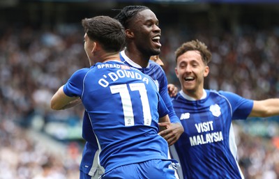 060823 - Leeds United v Cardiff City - Sky Bet Championship - Ike Ugbo of Cardiff celebrates scoring their second goal with Callum O'Dowda of Cardiff and Ryan Wintle of Cardiff