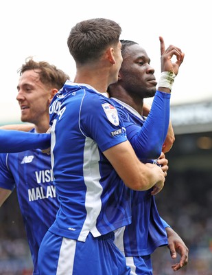 060823 - Leeds United v Cardiff City - Sky Bet Championship - Ike Ugbo of Cardiff celebrates scoring their second goal with Callum O'Dowda of Cardiff and Ryan Wintle of Cardiff