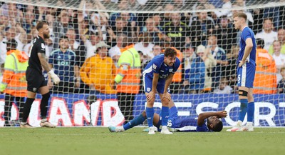 060823 - Leeds United v Cardiff City - Sky Bet Championship - Ryan Wintle of Cardiff reaction to Leeds equaliser with Goalkeeper Jak Alnwick of Cardiff and Ebou Adams of Cardiff on floor 