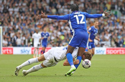 060823 - Leeds United v Cardiff City - Sky Bet Championship - Ike Ugbo of Cardiff and Charlie Cresswell of Leeds United