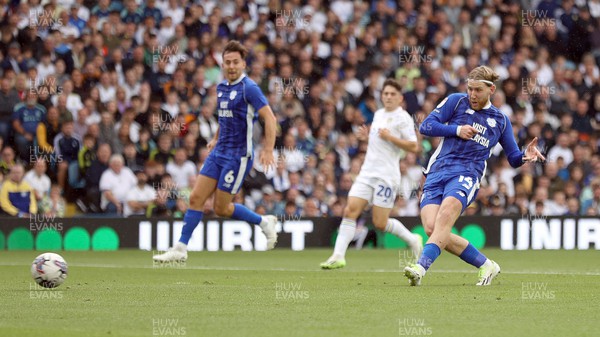 060823 - Leeds United v Cardiff City - Sky Bet Championship - Josh Bowler of Cardiff scores the 1st goal of the match past Goalkeeper Illan Meslier of Leeds United