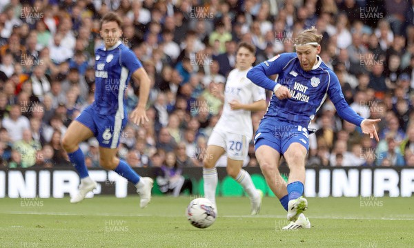 060823 - Leeds United v Cardiff City - Sky Bet Championship - Josh Bowler of Cardiff scores the 1st goal of the match past Goalkeeper Illan Meslier of Leeds United