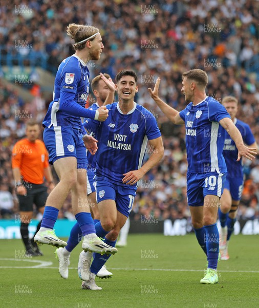 060823 - Leeds United v Cardiff City - Sky Bet Championship - Josh Bowler of Cardiff celebrates scoring the 1st goal of the match with Callum O'Dowda of Cardiff and Ryan Wintle of Cardiff and Aaron Ramsey of Cardiff