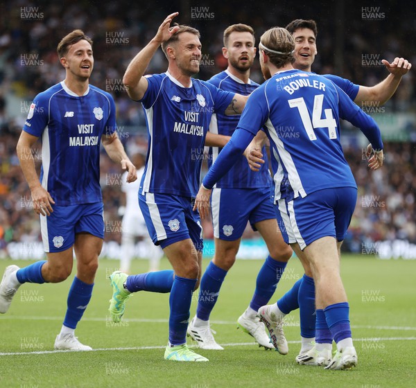 060823 - Leeds United v Cardiff City - Sky Bet Championship - Josh Bowler of Cardiff celebrates scoring the 1st goal of the match with Aaron Ramsey of Cardiff