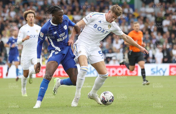 060823 - Leeds United v Cardiff City - Sky Bet Championship - Ike Ugbo of Cardiff and Charlie Cresswell of Leeds United