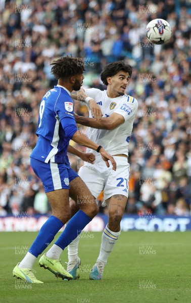 060823 - Leeds United v Cardiff City - Sky Bet Championship - Kion Etete of Cardiff and Pascal Stuijk of Leeds United