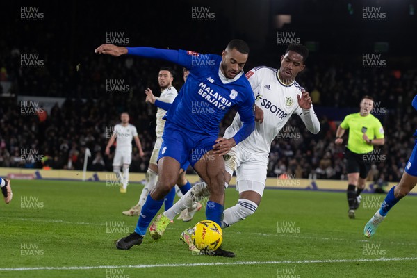 180123 - Leeds United v Cardiff City - FA Cup Third Round Replay - Curtis Nelson of Cardiff shields the ball from a Leeds defender 