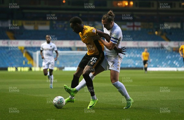 220817 - Leeds United v Newport County - Carabao Cup - Shawn McCoulsky of Newport County is challenged by Luke Ayling of Leeds United