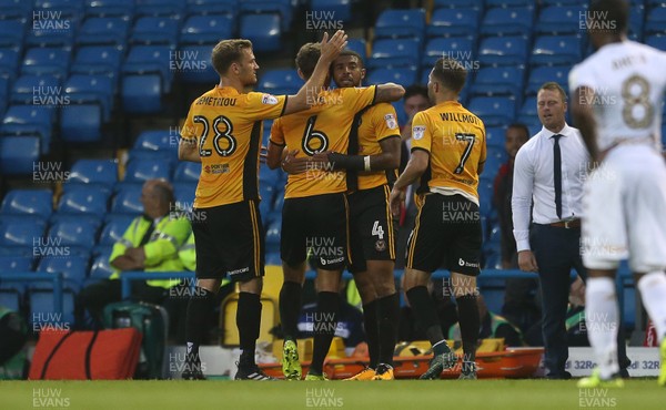 220817 - Leeds United v Newport County - Carabao Cup - Joss Labadie of Newport County celebrates scoring a goal with team mates