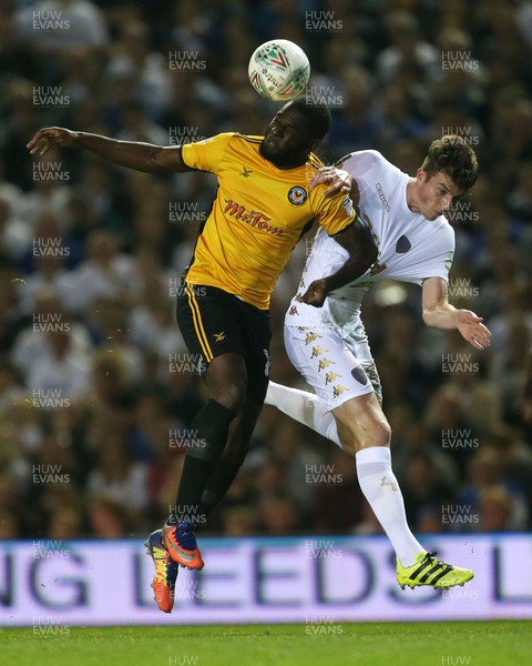 220817 - Leeds United v Newport County - Carabao Cup - Frank Nouble of Newport County is challenged by Conor Shaughnessy of Leeds United