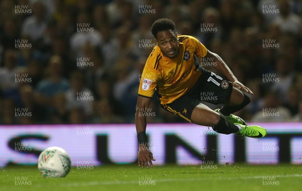 220817 - Leeds United v Newport County - Carabao Cup - Lamar Reynolds of Newport County is tackled by Luke Ayling of Leeds United in the box