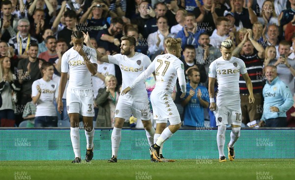 220817 - Leeds United v Newport County - Carabao Cup - Samu Saiz of Leeds United celebrates scoring a goal with team mates