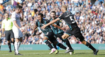 310819 - Leeds United v Swansea City - Sky Bet Championship -  Wayne Routledge of Swansea celebrates his goal with Mike Van der Hoorn  