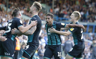  310819 - Leeds United v Swansea City - Sky Bet Championship -  Wayne Routledge of Swansea cele on scoring winning goal with George Byers  of Swansea behind