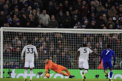 291218 - Leicester City v Cardiff City, Premier League - Neil Etheridge of Cardiff City saves a penalty from James Maddison of Leicester City (not pictured)