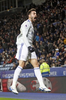 291218 - Leicester City v Cardiff City, Premier League - Victor Camarasa of Cardiff City celebrates scoring his side's first goal