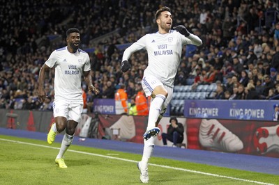 291218 - Leicester City v Cardiff City, Premier League - Victor Camarasa of Cardiff City celebrates scoring his side's first goal