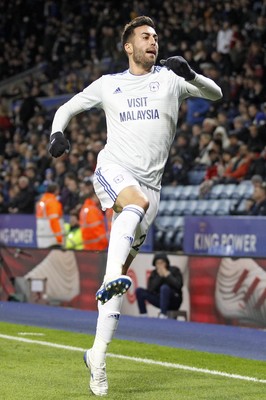 291218 - Leicester City v Cardiff City, Premier League - Victor Camarasa of Cardiff City celebrates scoring his side's first goal