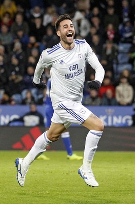 291218 - Leicester City v Cardiff City, Premier League - Victor Camarasa of Cardiff City celebrates scoring his side's first goal