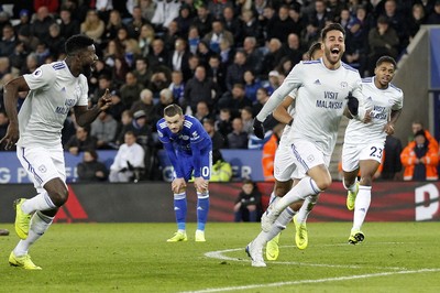 291218 - Leicester City v Cardiff City, Premier League - Victor Camarasa of Cardiff City (right) celebrates scoring his side's first goal with team-mates as Leicester City players look dejected