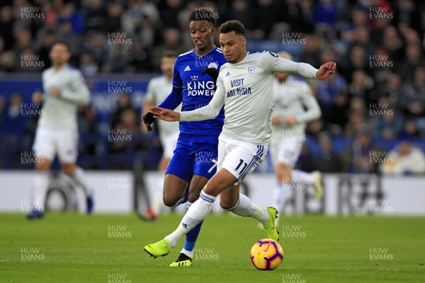 291218 - Leicester City v Cardiff City, Premier League - Josh Murphy of Cardiff City (right) in action with Demarai Gray of Leicester City