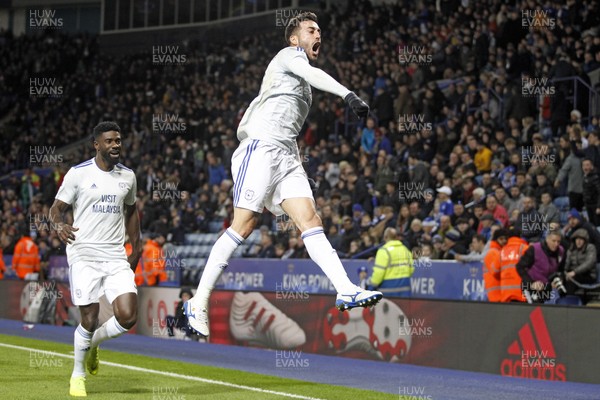 291218 - Leicester City v Cardiff City, Premier League - Victor Camarasa of Cardiff City celebrates scoring his side's first goal