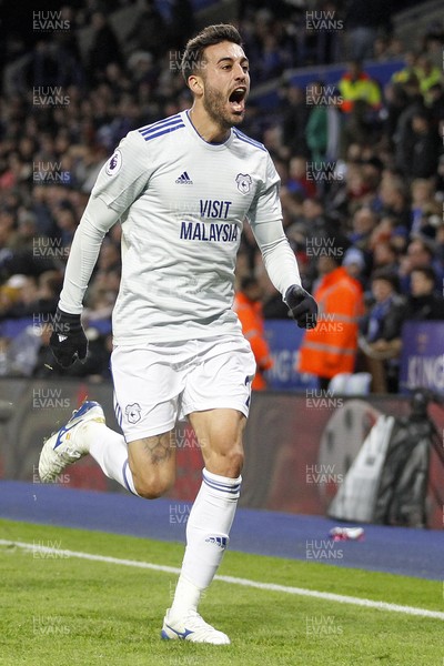291218 - Leicester City v Cardiff City, Premier League - Victor Camarasa of Cardiff City celebrates scoring his side's first goal