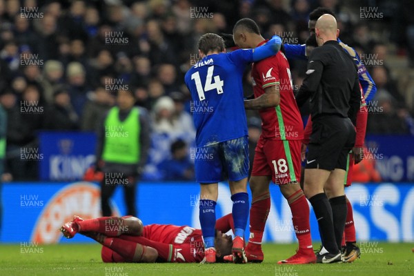 030218 - Leicester City v Swansea City, Premier League - Leroy Fer of Swansea City lies on the floor after sustaining an injury