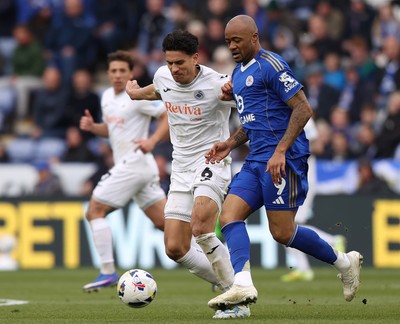110426 - Leicester City v Swansea City - Sky Bet Championship - Marko Stamenic of Swansea and Jordan Ayew of Leicester