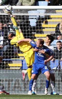 110426 - Leicester City v Swansea City - Sky Bet Championship - Goalkeeper Lawrence Vigouroux of Swansea makes great save from Oliver Skipp of Leicester with help from Eom Ji-sung of Swansea