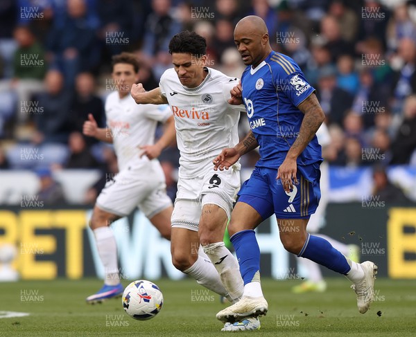 110426 - Leicester City v Swansea City - Sky Bet Championship - Marko Stamenic of Swansea and Jordan Ayew of Leicester