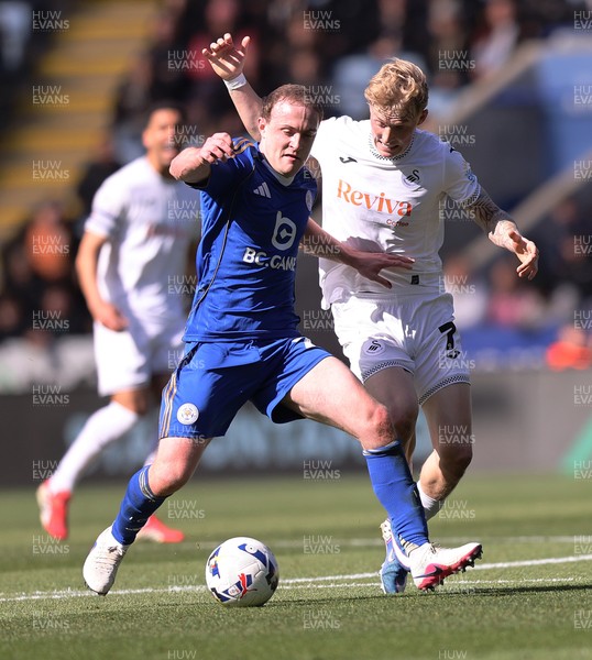 110426 - Leicester City v Swansea City - Sky Bet Championship - Melker Widell of Swansea and Oliver Skipp of Leicester