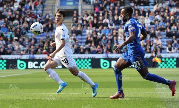 110426 - Leicester City v Swansea City - Sky Bet Championship - Eom Ji-sung of Swansea followed by Ricardo Pereira of Leicester