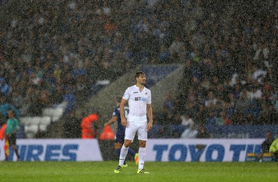 270816 - Leicester City v Swansea City - Premier League - Fernando Llorente of Swansea City battles the rain