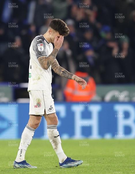 300124 - Leicester City v Swansea City - Sky Bet Championship - Jamie Paterson of Swansea looks dejected as Leicester’s 3rd goal goes in the net