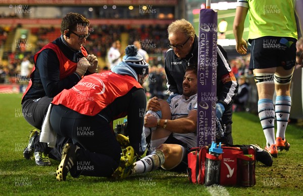 120120 - Leicester v Cardiff Blues - European Rugby Challenge Cup - Matthew Morgan of Cardiff Blues is treated for injury