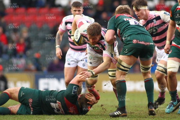 270118 - Leicester Tigers v Cardiff Blues - Anglo-Welsh Cup - Round 3 -  Macauley Cook of The Cardiff Blues is tackled by Jake Kerr and Luke Hamilton of Leicester Tigers