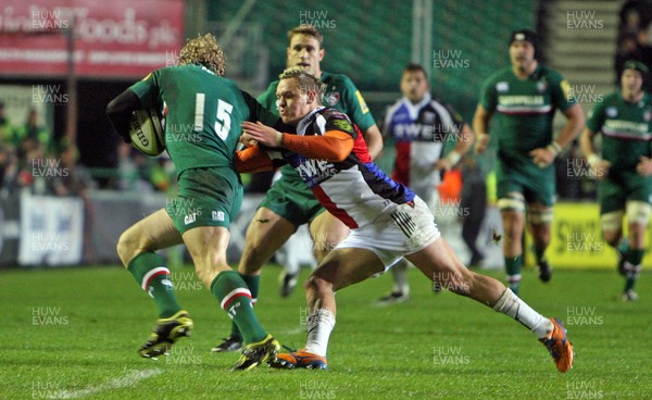 081113 - Leicester Tigers vs Ospreys - LV= Cup Round 1-Lloyd Peers of Ospreys tackles Scott Hamilton of Leicester(c) Huw Evans Agency