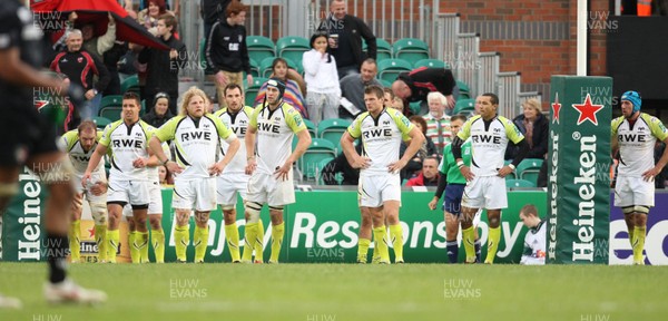 211012 - Leicester Tigers v Ospreys, Heineken Cup - Ospreys players are left reeling after Tigers score three tries in the final ten minutes of the match